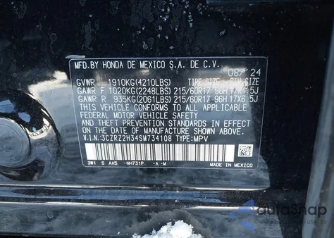 2025 Honda Hr-V Awd Lx из США, поврежденный, VIN 3CZRZ2H34SM734108